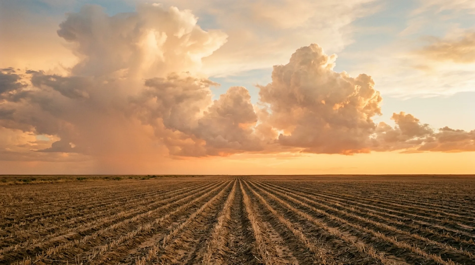 The West Texas Llano Estacado at golden hour — cotton fields receding to the horizon under a sky of cumulus clouds.