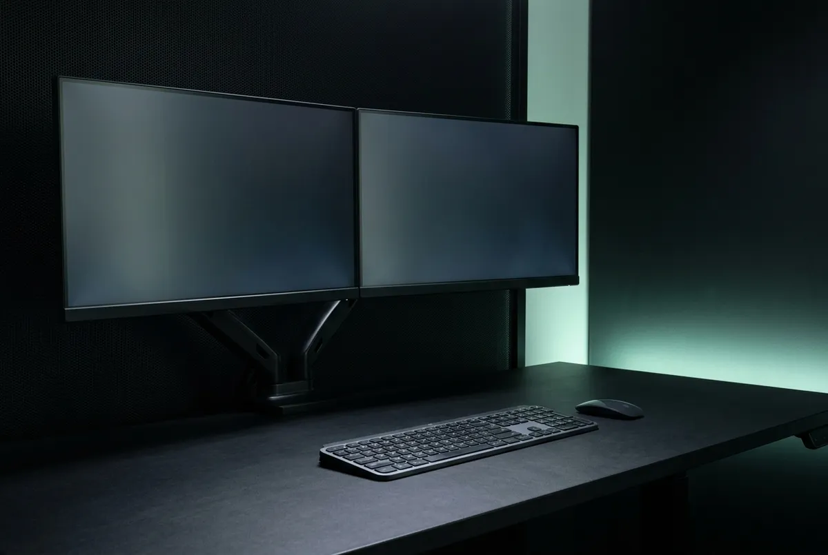 A modern dual-monitor workspace at low angle, faint cool screen glow against a deep dark wall with a soft mint accent — the Biz Bldrr command station.