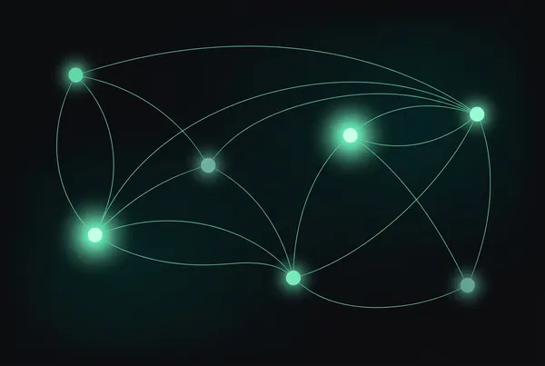 Softly glowing mint nodes spread across a dark field and joined by thin curving lines — the DOT physical network drawn as a routing diagram.