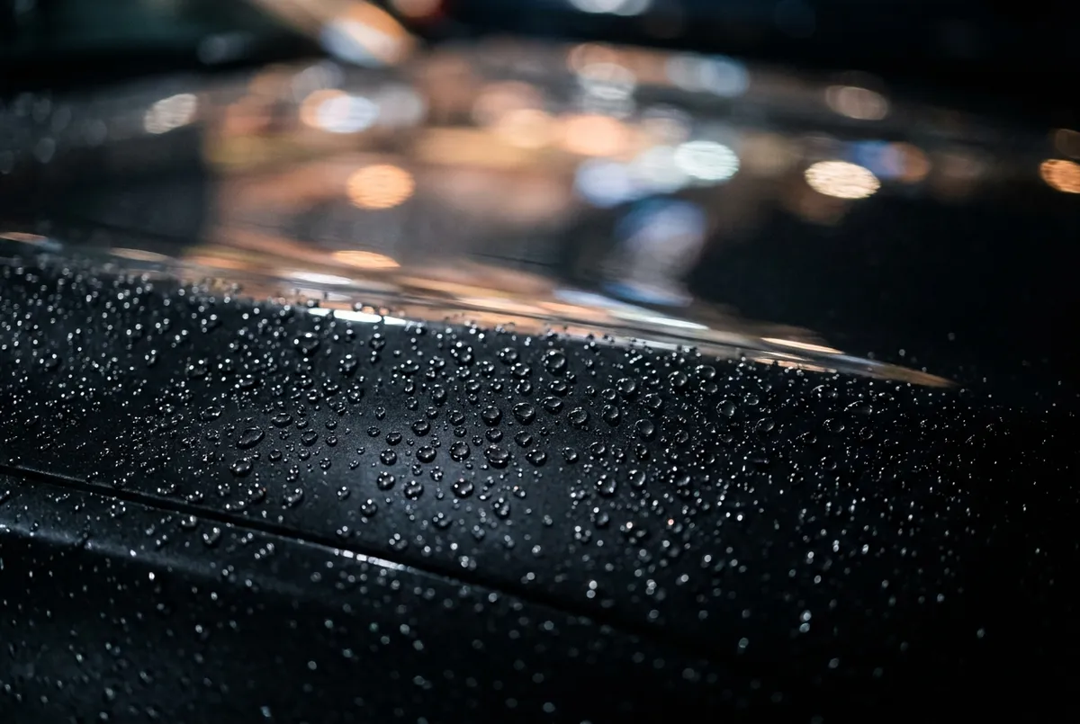 Deep glossy dark automotive paint with crisp water beads — Hub City Detail.