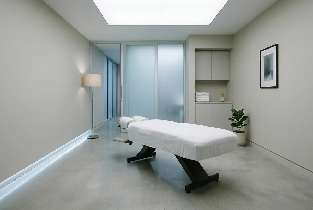 A chiropractic treatment room with a padded table and warm lamp light — the Leal Family Chiropractic ambiance.