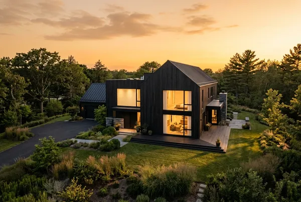 A modern dark-clad architectural home photographed from drone altitude at golden hour — Lighthaus Studio real estate media.