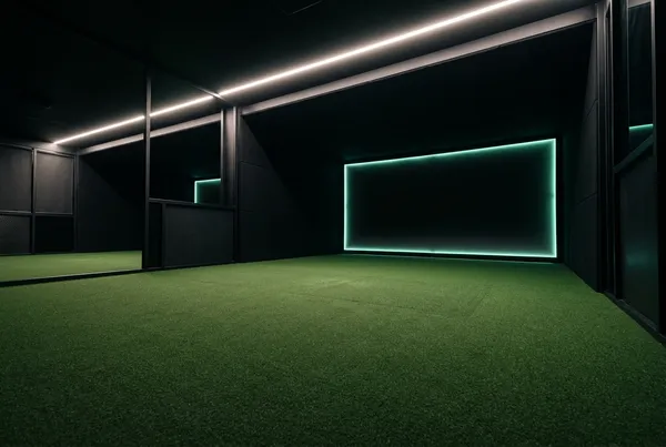 An empty modern indoor golf simulator bay at night — premium turf, ambient LED ceiling light, soft mint glow along the rear wall — the SwingSpot interior.